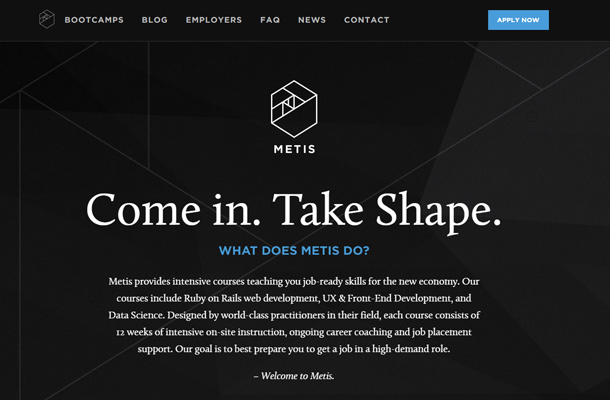 metis ruby on rails website dark layout